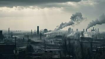 polluting factory background with lots of black smoke chimneys, production emissions, nature pollution theme photo