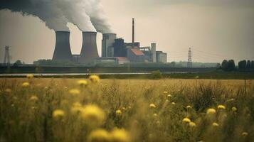 polluting factory background with lots of black smoke chimneys, production emissions, nature pollution theme photo