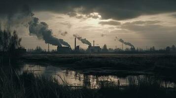 polluting factory background with lots of black smoke chimneys, production emissions, nature pollution theme photo