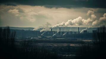 polluting factory background with lots of black smoke chimneys, production emissions, nature pollution theme photo