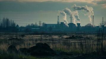 contaminador fábrica antecedentes con un montón de negro fumar chimeneas, producción emisiones, naturaleza contaminación tema foto