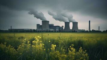 polluting factory background with lots of black smoke chimneys, production emissions, nature pollution theme photo