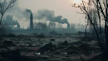 polluting factory background with lots of black smoke chimneys, production emissions, nature pollution theme photo