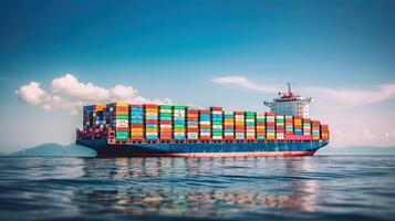 Container ship on the background of the port, carrying colorful containers. photo