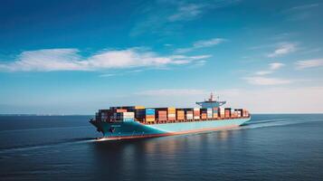 Container ship on the background of the port, carrying colorful containers. photo