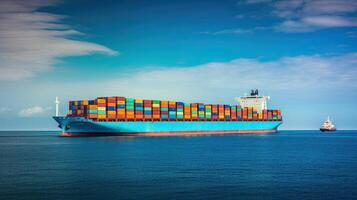 Container ship on the background of the port, carrying colorful containers. photo