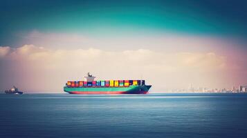 Container ship on the background of the port, carrying colorful containers. photo