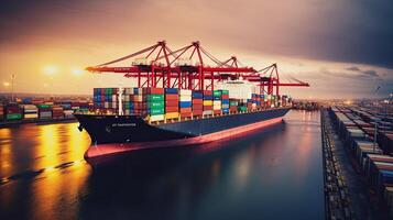 Container ship on the background of the port, carrying colorful containers. photo