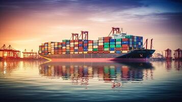 Container ship on the background of the port, carrying colorful containers. photo