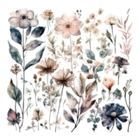 Set of watercolor flowers leaves and twigs png