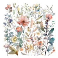 Set of watercolor flowers leaves and twigs on a white background png