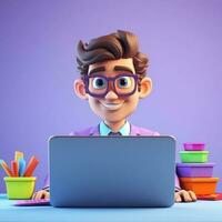 3D illustration of businessman with laptop, businessman working in office Cartoon character. 3d rendering. 3d illustration. ai generation photo