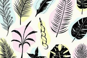 illustration set of tropical plants and leaves, hand drawn style, outline sketch. vector