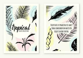 template poster illustration tropical plants and leaves, hand drawn style, outline sketch. web banner. vector