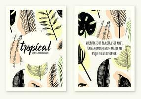 template poster illustration tropical plants and leaves, hand drawn style, outline sketch. web banner. vector