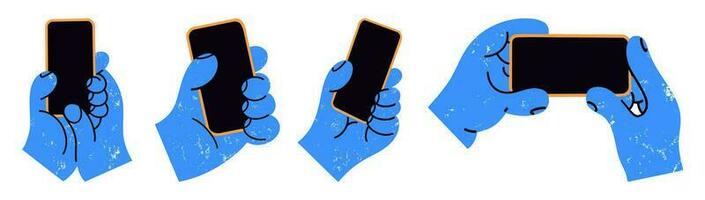 hands holding mobile phones with social media icons. vector