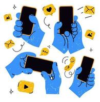 hands holding mobile phones with social media icons. vector