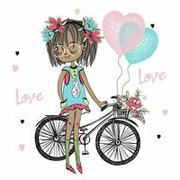 linda fashionista de piel oscura Adolescente niña , un bicicleta y globos con corazones. vector. vector