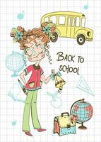 Cute girl  goes to school. A schoolgirl with a school bell. Back to school. Vector