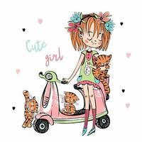 linda niña con gatos cerca su scooter. vector ilustración.