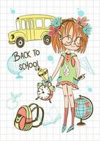 A pretty girl with a school backpack goes to school. Back to school. School bus. Vector