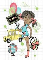 A pretty girl with a school backpack goes to school. Back to school. School bus. Vector