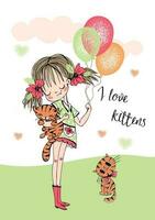 Cute girl with a kittens and balloons. Vector illustration.