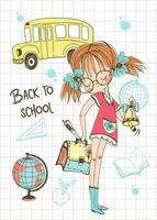 A cute girl with a  briefcase goes to school. Back to school. The school bus. Vector