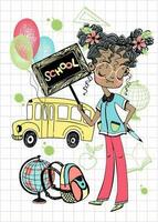 A pretty girl goes to school. A schoolgirl with a school bell and balloons. Back to school. Vector