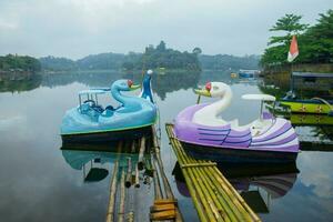 Pato barco transporte para turistas alrededor el lago en situ gede tasikmalaya, Oeste Java, Indonesia foto