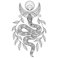 serpiente y Luna mano dibujado para adulto colorante libro vector