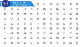 Device and technology line icon set. Electronic devices and gadgets, computer, equipment and electronics. Computer monitor, smartphone, tablet and laptop sumbol collection vector