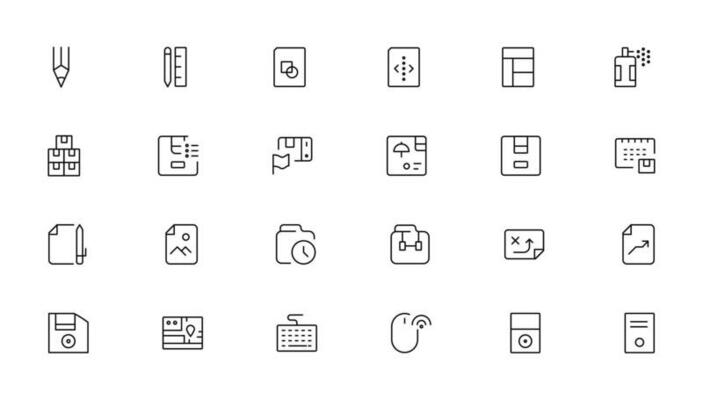 Set of line icons related to office and data exchange. Outline icon collection. Editable stroke. Vector illustration