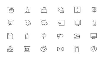 Set of line icons related to office and data exchange. Outline icon collection. Editable stroke. Vector illustration