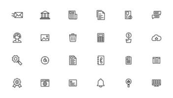 Vector business and finance editable stroke line icon set with money, bank, check, law, auction, exchance, payment, wallet, deposit, piggy, calculator, web and more isolated outline thin symbol