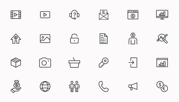 Vector business and finance editable stroke line icon set with money, bank, check, law, auction, exchance, payment, wallet, deposit, piggy, calculator, web and more isolated outline thin symbol