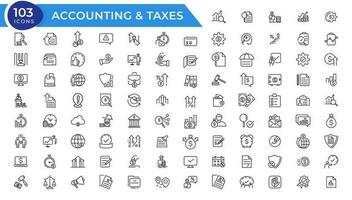 Taxes and accounting line icons collection. Big UI icon set in a flat design. Thin outline icons pack. Vector illustration.