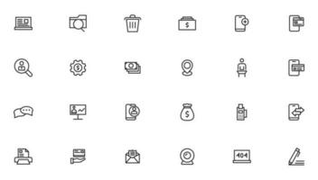 Vector business and finance editable stroke line icon set with money, bank, check, law, auction, exchance, payment, wallet, deposit, piggy, calculator, web and more isolated outline thin symbol