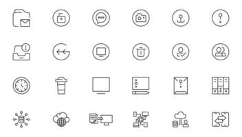 Information technology editable stroke outline icon set with IT network system, communication, online computer, website content, web design, software, data center, mobile device and app thin line sign vector