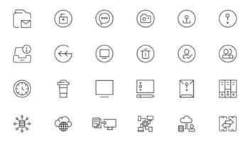 Information technology editable stroke outline icon set with IT network system, communication, online computer, website content, web design, software, data center, mobile device and app thin line sign vector