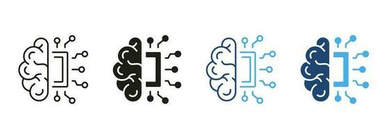 AI Innovation Concept Line and Silhouette Color Icon Set. Human Brain, Network Chip Technology Pictogram. Artificial Intelligence Symbol Collection on White Background. Isolated Vector Illustration.