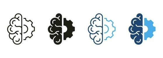 tecnología innovación concepto, medio de humano cerebro y medio de engranaje línea y silueta color icono colocar. artificial inteligencia pictograma. estrategia pensar símbolo. aislado vector ilustración.