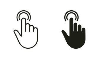 Double Click Gesture, Hand Cursor of Computer Mouse Line and Silhouette Black Icon Set. Pointer Finger Pictogram. Double Press, Swipe, Touch, Point, Tap Sign. Isolated Vector Illustration.