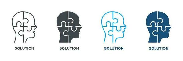 Puzzle in Human Head, Solution Silhouette and Line Icon Set. Creation Idea, Person Brain and Jigsaw Pictogram. Brainstorm, Intellectual Process Symbol Collection. Isolated Vector Illustration.