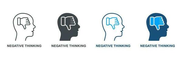 Negative Thinking Silhouette and Line Icon Set. Thumb Down in Human Head Pessimism and Frustration Symbol Collection. Mental Disorder, Pessimistic Person, Bad Mood. Isolated Vector Illustration.