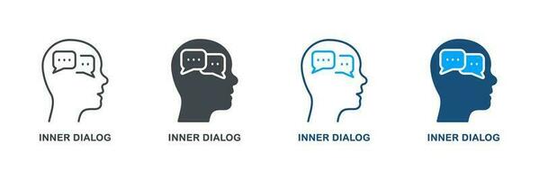 Inner Dialog in Human Head, Personality Cognition Silhouette and Line Icon Set. Dialog with Yourself Pictogram. Internal Conversation, Think Process Sign Collection. Isolated Vector Illustration.