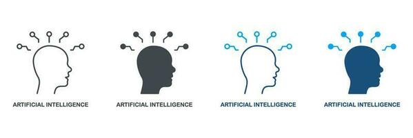 Artificial Intelligence Silhouette and Line Icon Set. AI in Human Brain Pictogram. Digital Technology and Machine Learning Symbol Collection. Isolated Vector Illustration.