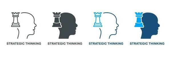 Strategy Think and Decision Silhouette and Line Icon Set. Intellectual Process Symbol Collection. Strategic Thinking Pictogram. Tactical Thinking, Training Mental Skills. Isolated Vector Illustration.