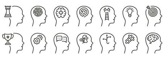 Human Mind Process Line Icon Set. Mental Health Linear Pictogram. Emotional Intelligence Outline Sign. Think about Goal, Motivation, Development Symbols. Editable Stroke. Isolated Vector Illustration.