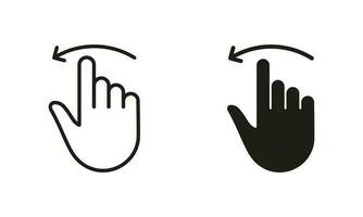 Gesture Slide, Swipe Left Symbol Collection on White Background. Hand Finger Drag Left Line and Silhouette Black Icon Set. Pinch Screen, Rotate Touch Screen Pictogram. Isolated Vector Illustration.